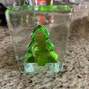 Block Christmas tree glass votive holder, never used